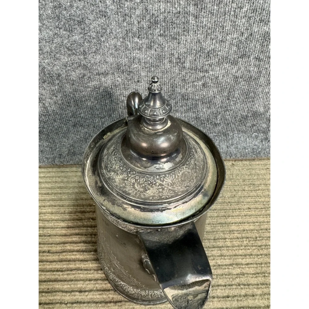 Antique Victorian Silver Plate Engraved Coffee Pot Ornate Floral Scroll Teapot